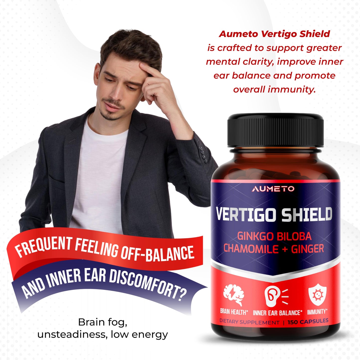 AUMETO Vertigo Support Complex with Ginkgo Biloba, Chamomile, Ginger, Vitamin D3, B12 - Advanced 14-in-1 Formula for Spinning Dizziness Inner Ear Balance*