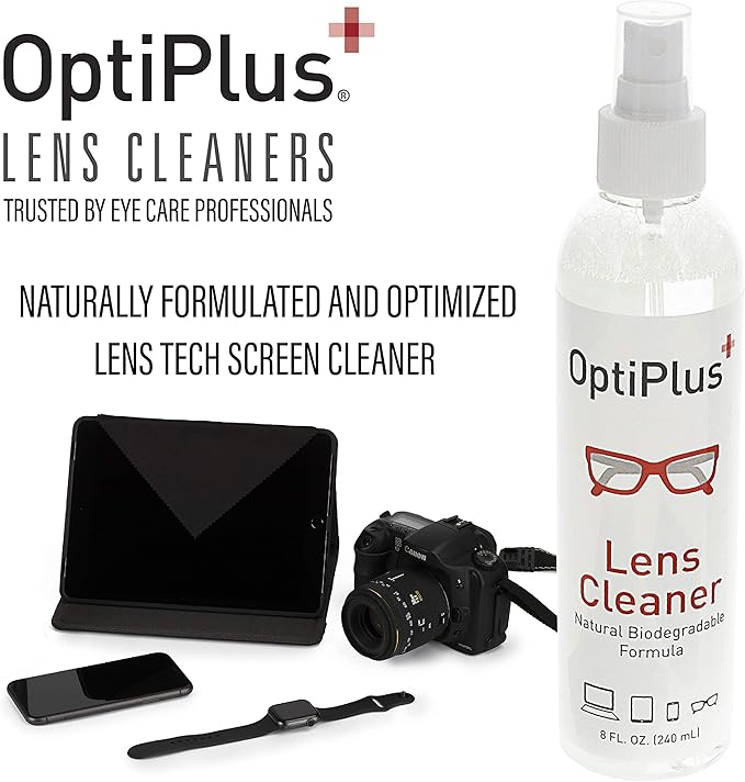 OptiPlus 16oz All Natural Lens and Screen Cleaning Pack, Lens Wipes, Microfiber Cloth and 16 x 16 Microfiber Terry Towel 3 Pack (Grey)