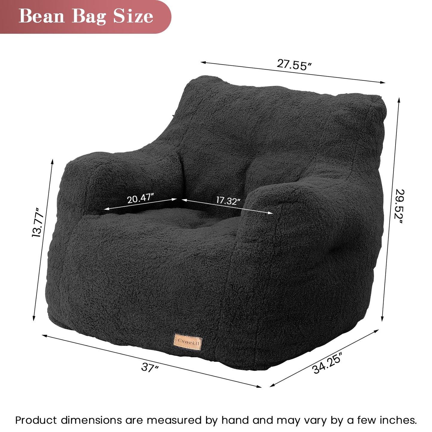 Cvortll Bean Bag Chair with Filler, Bean Bag Sofa with Tufted Soft Stuffed Filling, Fluffy and Lazy Sofa, Comfy Cozy BeanBag Chairs with Memory Foam for Dorm, Apartment, Living Room (Black)