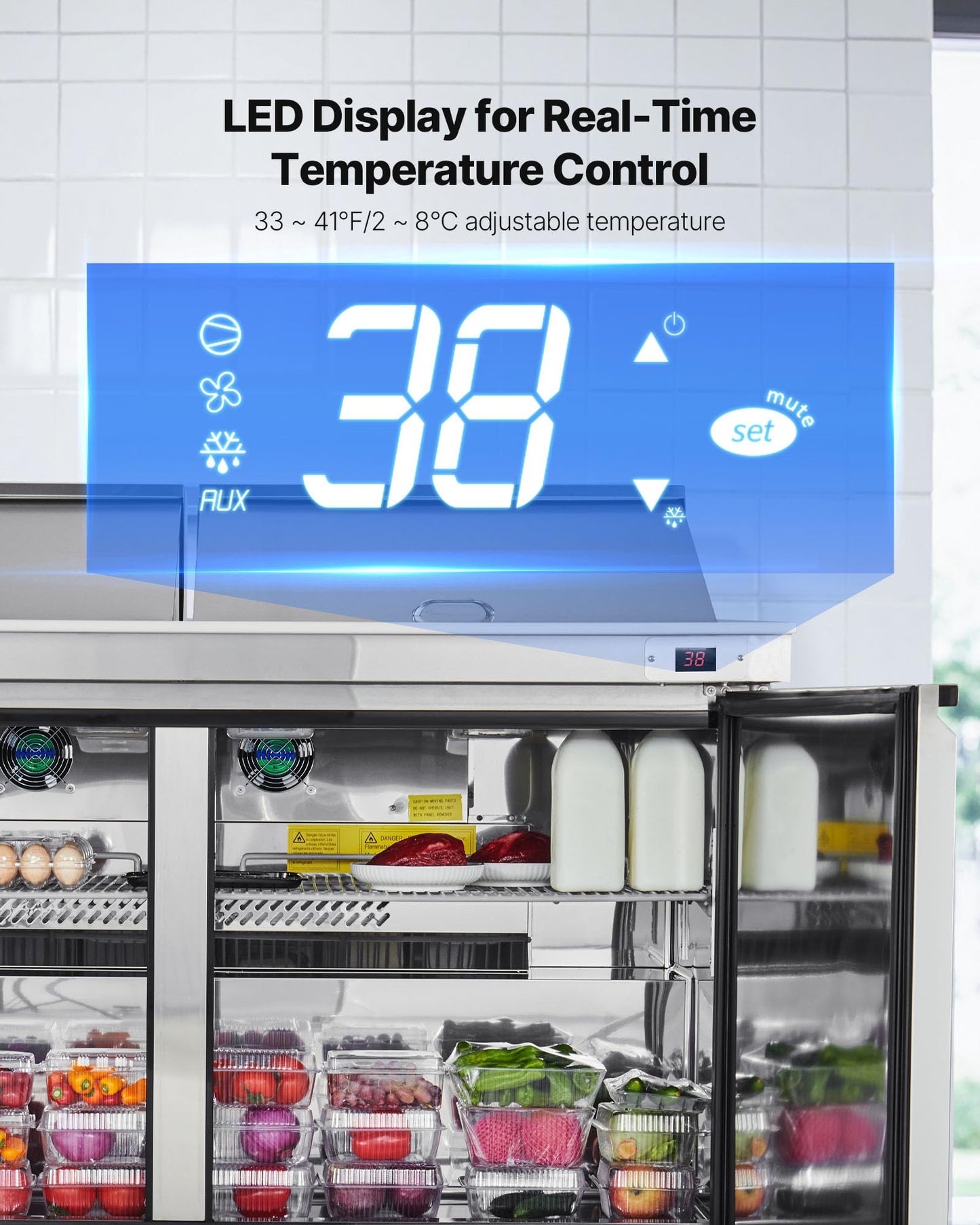 Vevor 60W Commercial Refrigerator, 15.4 Cu. Ft Sandwich Prep Refrigerated Table, Mega Top Food Prep Fridge With 24 Pans And Cutt