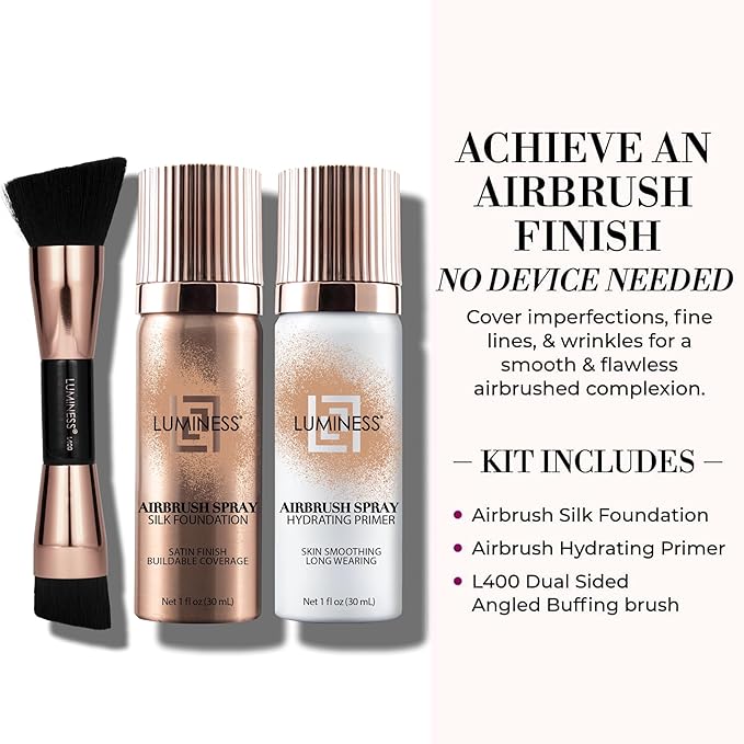 LUMINESS Silk Airbrush Spray Foundation 3-PC Kit - Foundation, Primer & Dual-Sided Makeup Brush - Buildable Coverage, Anti-Aging Formula, Humidity Resistant, Hydrates & Moisturizes, Light Medium