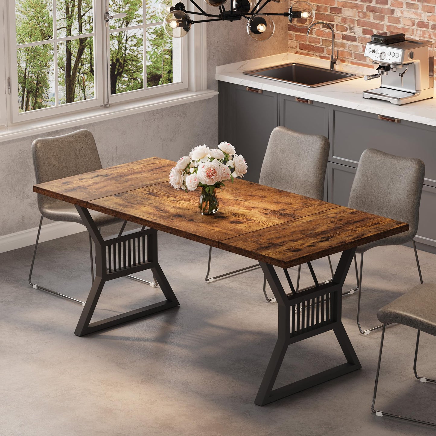 GarveeHome 70.8 in Dining Table 4-6 Person, Kitchen Table with Heavy Duty Metal Legs, Farmhouse Dining Room Table for Kitchen, Living Room