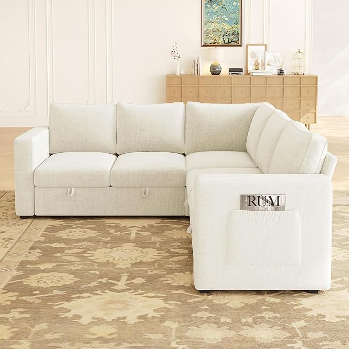 SUAWY 83.5" Sectional Sleeper Sofa with Pull Out Couch, Modern 5 Seat L Shaped Modular Couch, Sectionals Modular Sofa with Storage, Comfy Sectional Couches for Living Room & Apartment, Ivory Beige