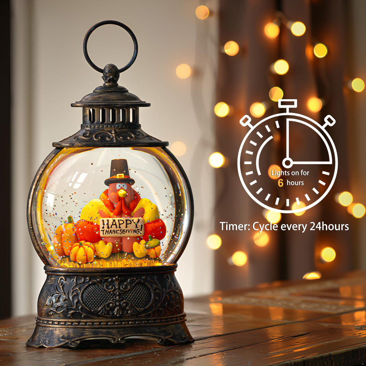 Fall Snow Globes Thanksgiving WaterLantern Swirling Glitter Snow Globe for Autumn Harvest Day Decorations Home Fall Halloween Decor Gifts (Turkey & Pumpkins)