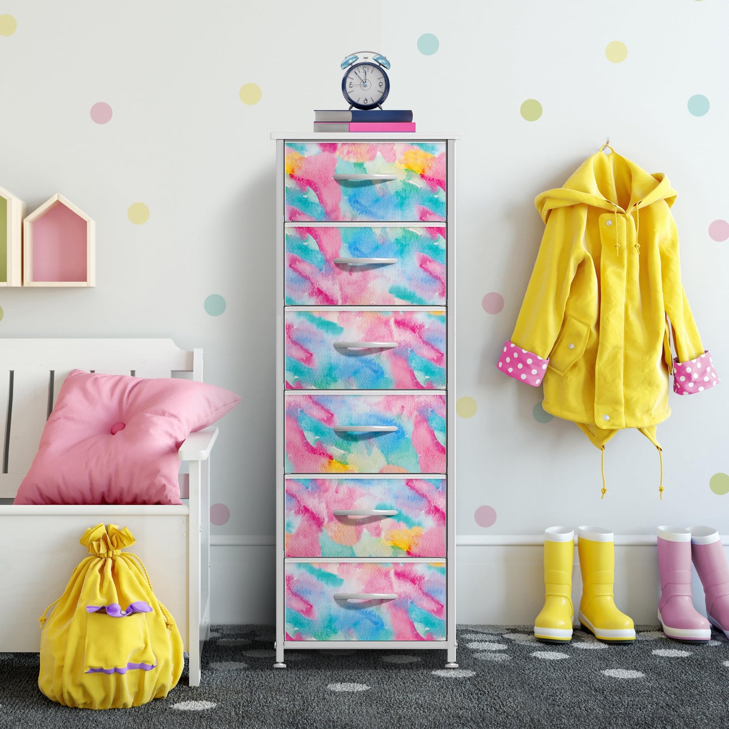 Sorbus Kids Dresser with 6 Drawers - Storage Chest Organizer Nightstand - Steel Frame, Wood Top, Tie-Dye Fabric Bins for Clothes - Wide Furniture for Bedroom, Hallway, Nursery, Closet, & Apartment