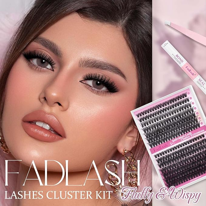 FADLASH Lash Extension Kit 50D+60D Lash Clusters D Curl Lash Cluster Kit DIY Eyelash Extension Kit with Lash Bond and Seal Lash Tweezer Cluster Lashes (Kit, 50D+60D-07D-Mix10-18)