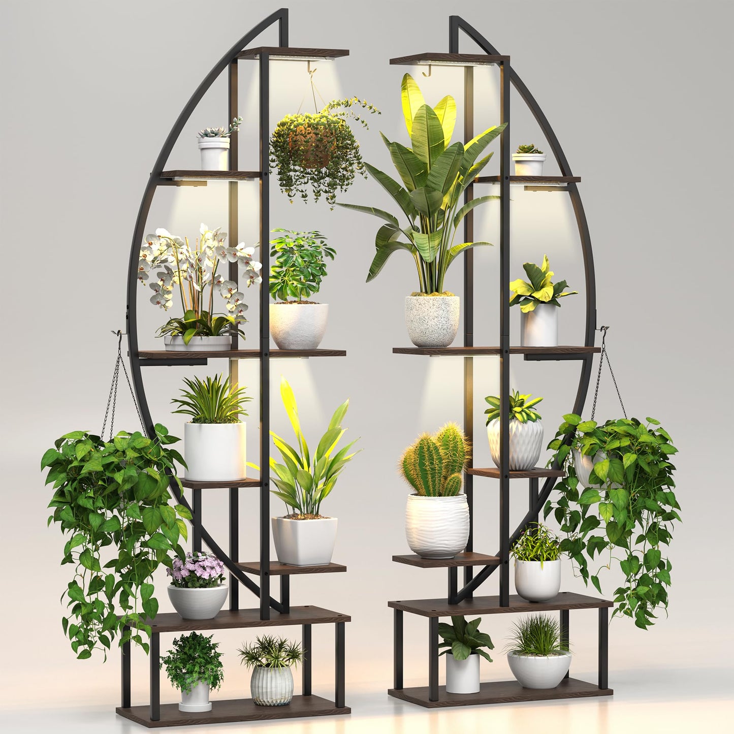 BLAZPATH Plant Stand Shelf Rack Indoor with 6 Built in Grow Light, 7 Tier 65" Tall Pair Large Half Moon Lighted Plant Stand with Hanging Hook, 2 Black Circle Sturdy Tiered Herb Shelving with Lighting