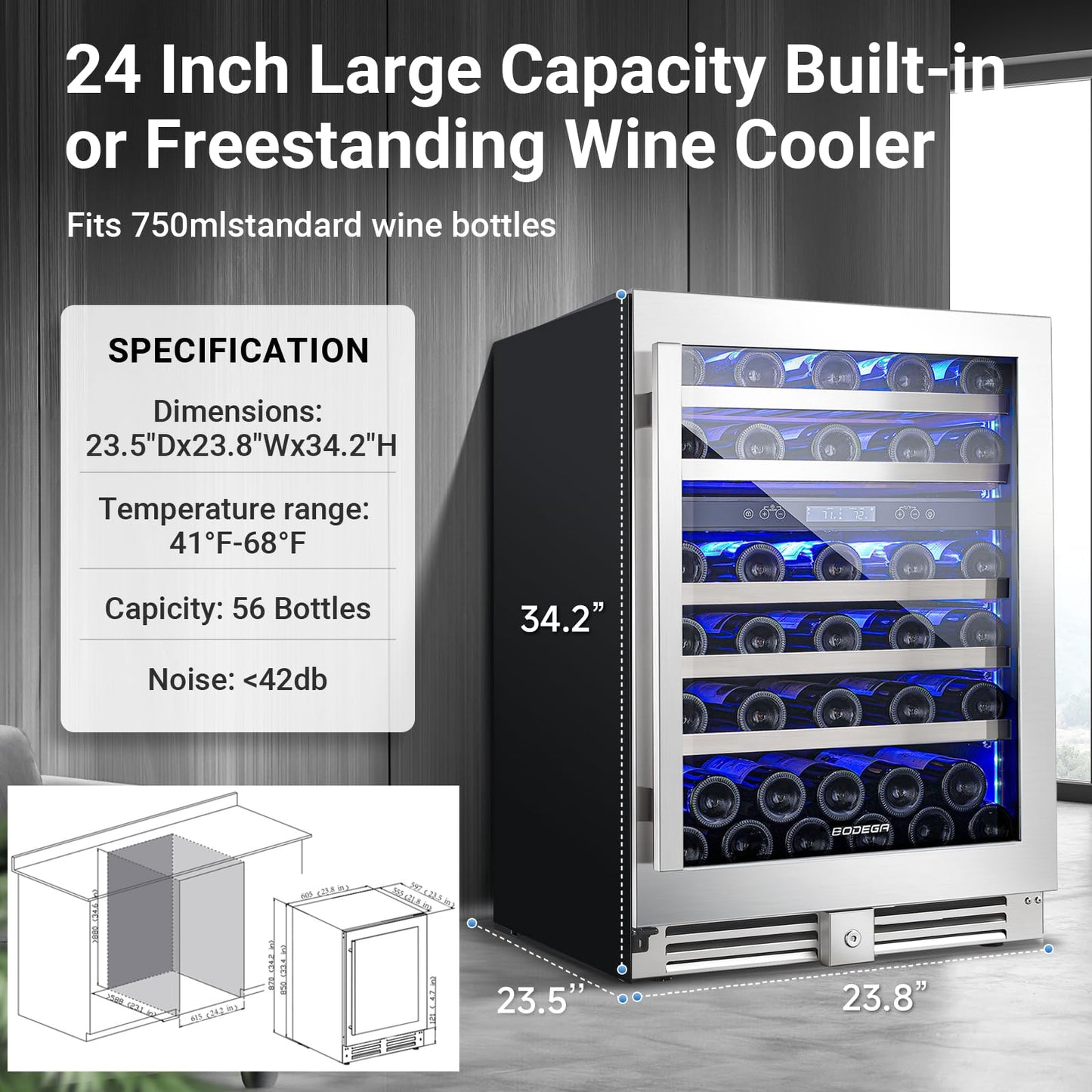 BODEGA COOLER Wine Fridge & Cooler - 24 Inch 56 Bottle Wine Cooler Refrigerator, 41-68°F Dual Zone Wine Refrigerator Glass Door, Built-in or Freestanding Fridge for Home/Bar/Kitchen (5.83 cu.ft)