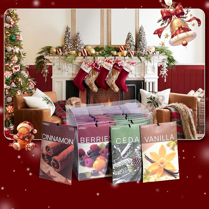 MYARO 20 Packs Christmas Scent Sachet for Closet Drawer Room Air Freshener Home Fragrance Smell Good Essential - Cedar Cinnamon Vanilla Berries Potpourri Bag