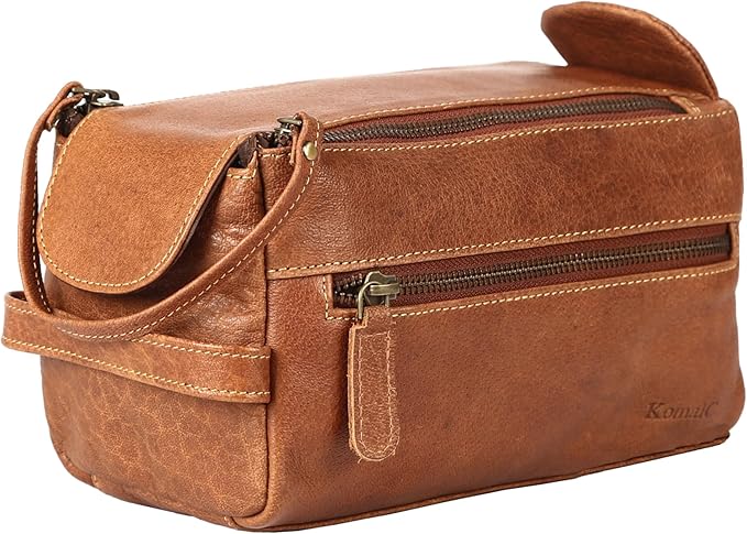 KomalC Premium Buffalo Leather Toiletry Bag for Men & Women – Leather Dopp Kit With Water resistant Lining, Premium Toiletry Travel Pouch, Unisex Wash Bag for Toiletries, Gifts for Men and Women