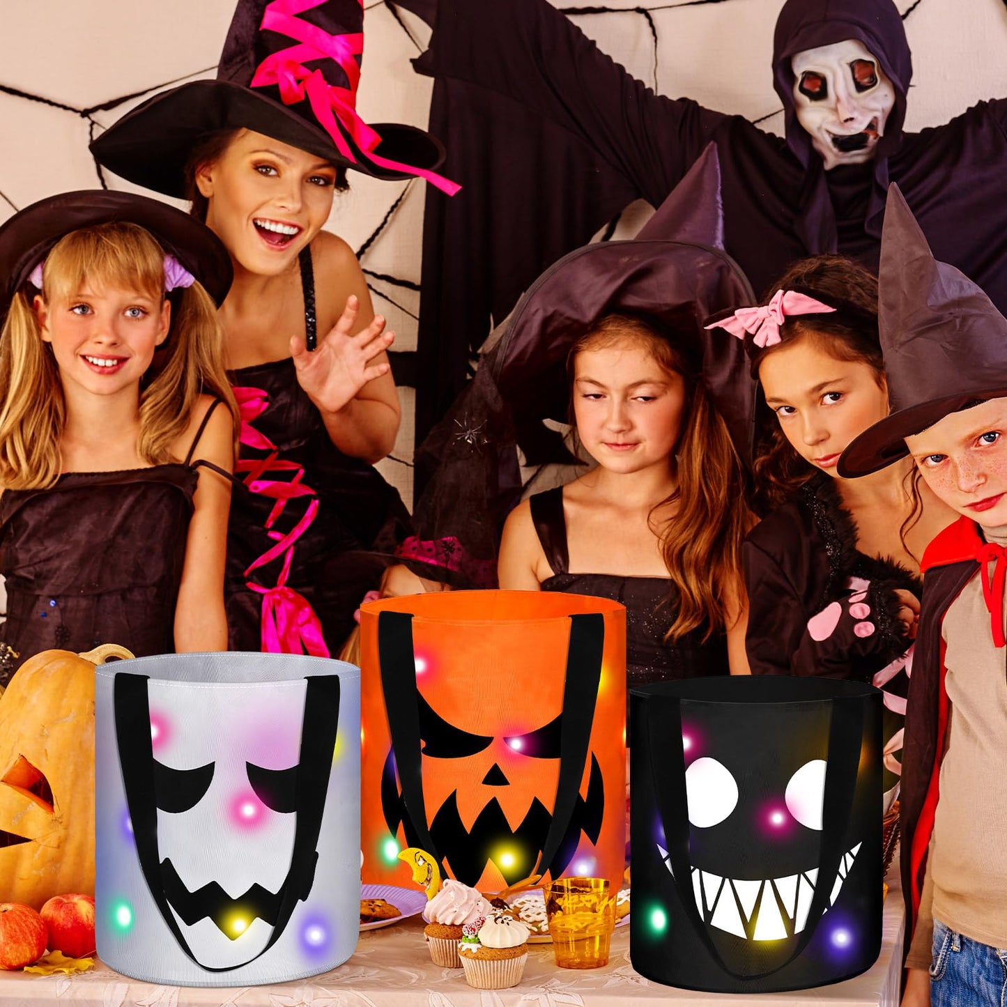 Teling 6 Pcs LED Halloween Candy Bucket Pumpkin Treat Basket Light Multipurpose Reusable Goody Bags for Halloween Supplies Favors(Smile Face)