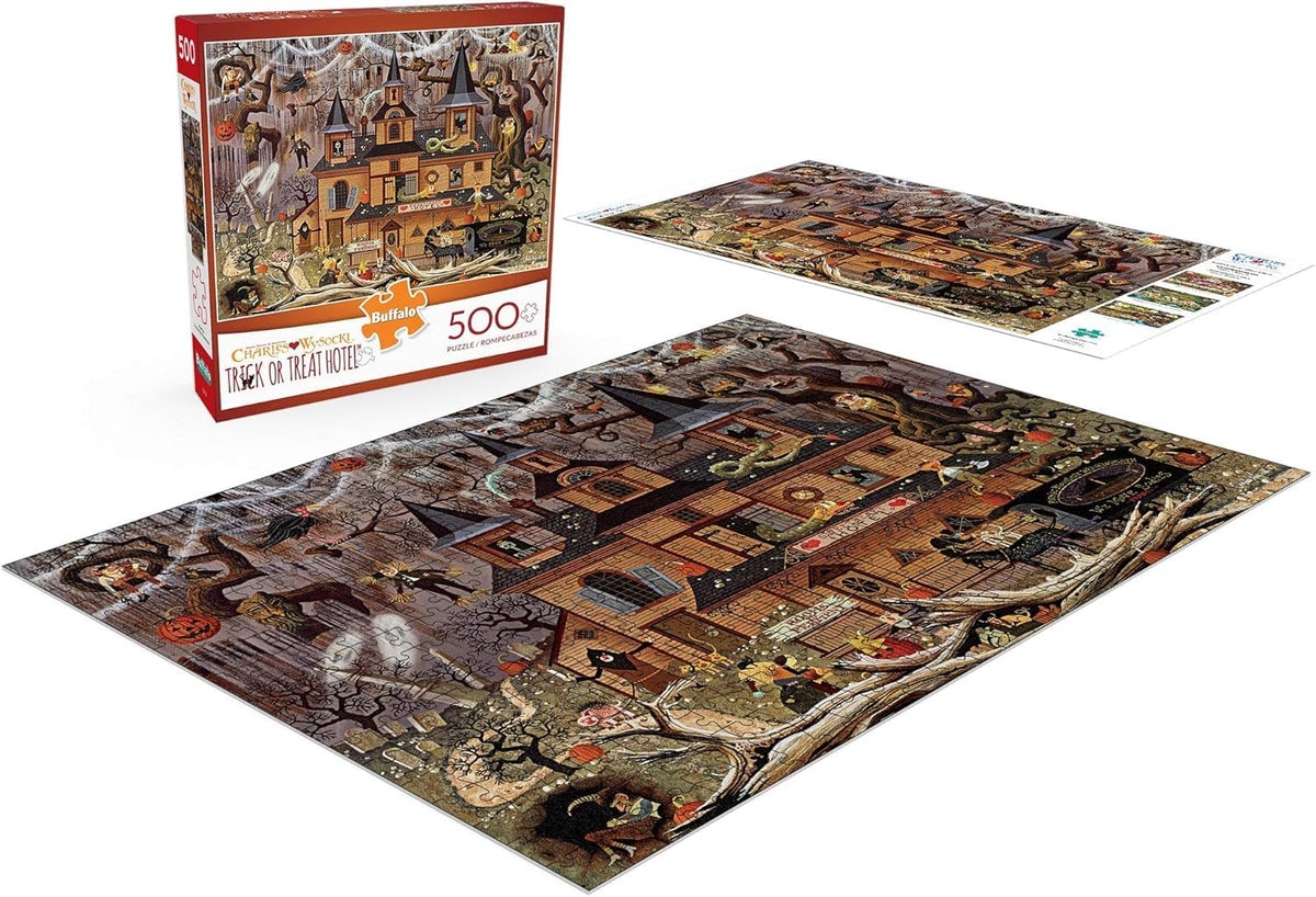 Buffalo Games - Charles Wysocki - Wysocki - Trick or Treat Hotel - 500 Piece Jigsaw Puzzle For Adults -Challenging Puzzle Perfect for Game Nights - Finished Size is 21.25 x 15.00