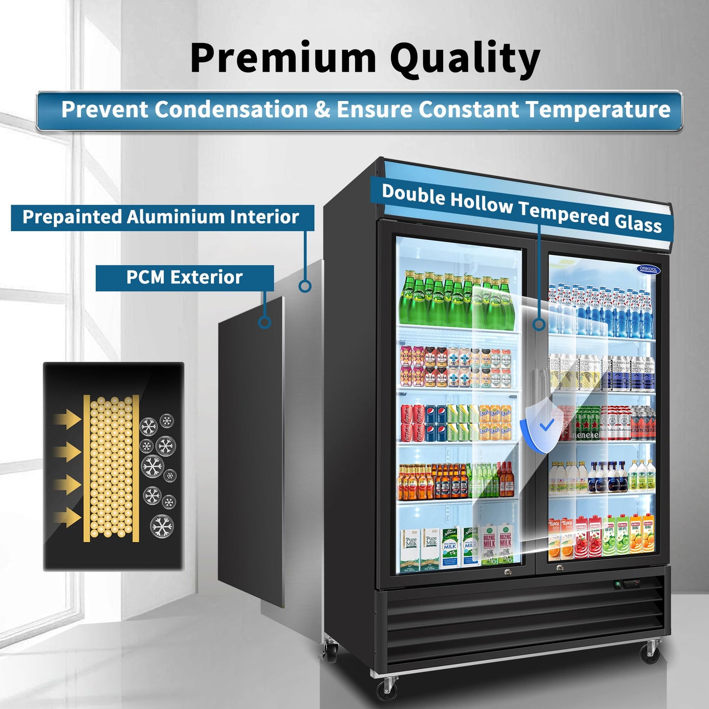 44.7 Cu.ft Glass Door Display Commercial Refrigerator,Beverage Refrigerators with Adjustable Shelves and Defrost System,LED Light,4 Universal Casters,for Restaurant Grocery Stores Home,Black