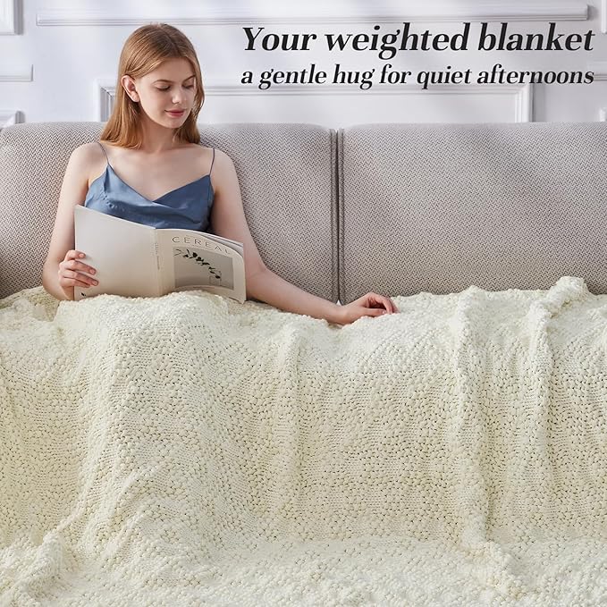 Knitted Weighted Blanket for Adult, Chunky Knit Weighted Throw for Sleep 48"*72" 10lbs, Cooling Breathable Heavy Blanket for Hot Sleepers, Machine Washable Blanket for Room Decor(Ivory White)