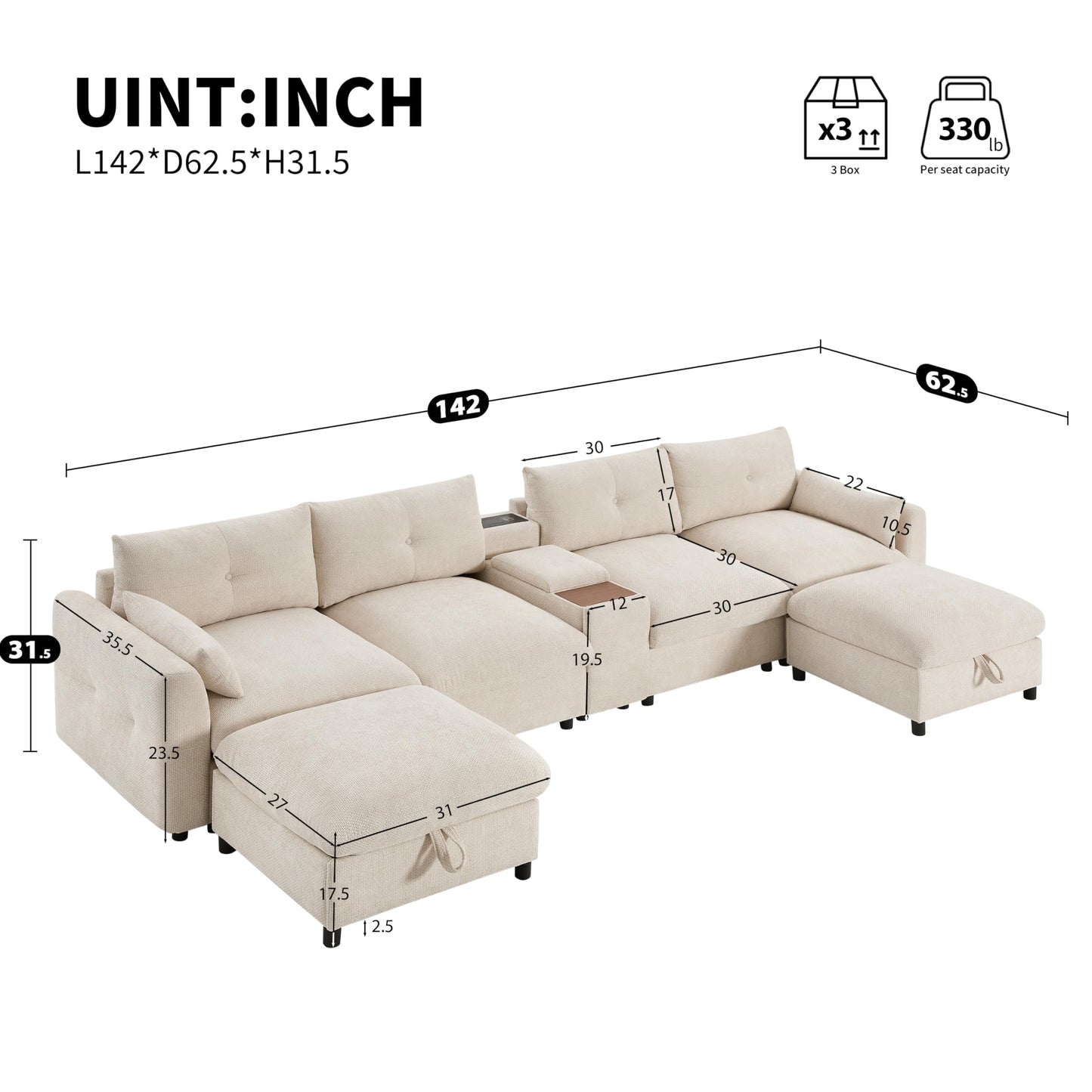 Merax 142'' Modular Sectional Sofa Set with Movable Storage Ottoman and Console, Cup Holder, Wide Seat, 6 Seat U Shaped Couch, Oversized Chenille Sofa with USB Charger for Living Room, Beige