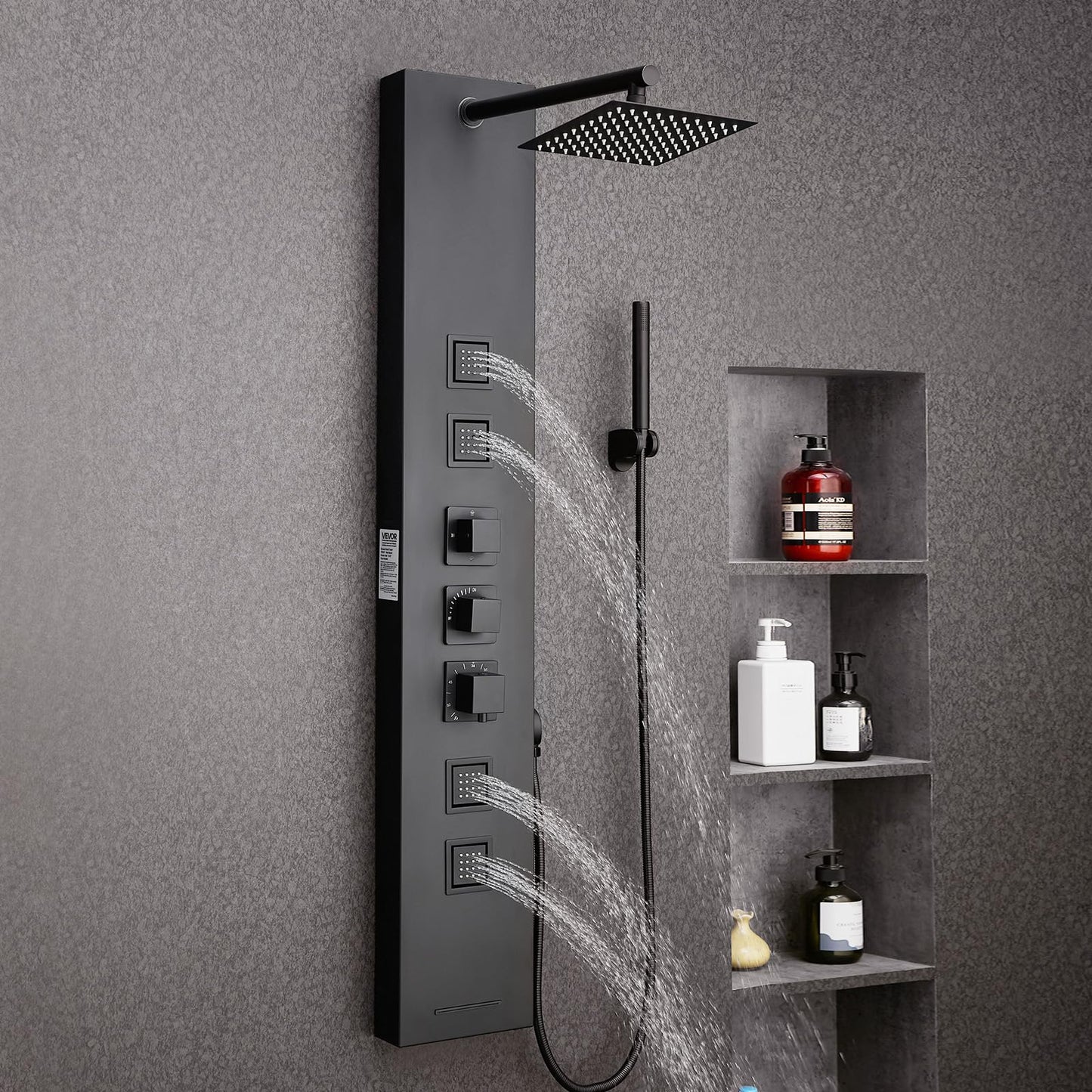 VEVOR Shower Panel Tower System with Rainfall Shower Head, 49 in Brushed Stainless Steel Shower Column, 4-Function Faucet, Wall-Mount Rain Massage System, with 4 Body Jets, Handheld, and Tub Spout