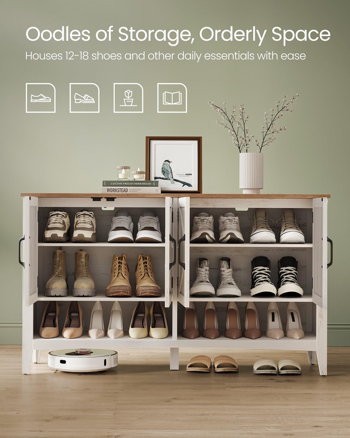 VASAGLE Shoe Cabinet, 3-Tier Shoe Storage Organizer, Farmhouse Freestanding Cabinet with Height-Adjustable Shelf, 13.8 x 47.2 x 27.6 Inches, Entryway, Rustic White ULBC039W01