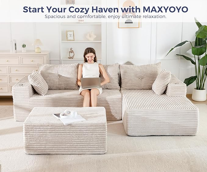 MAXYOYO 104" U-Shaped Modular Sectional Couch, Modern Boneless Couch for Living Room, Sofa in A Box, Oversized Sofa Sleeper with Deep Seat, No Assembly Required, Grayish Beige