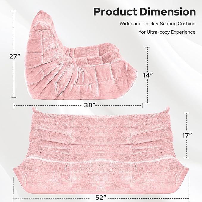 HABUTWAY Bean Bag Chair, Giant Bean Bag Chairs for Adults, Loveseat Fireside Chair, 2 Seater Lazy Bean Bag Sofa Memory Foam Couch for Living Room, Bedroom, Office (Pink)