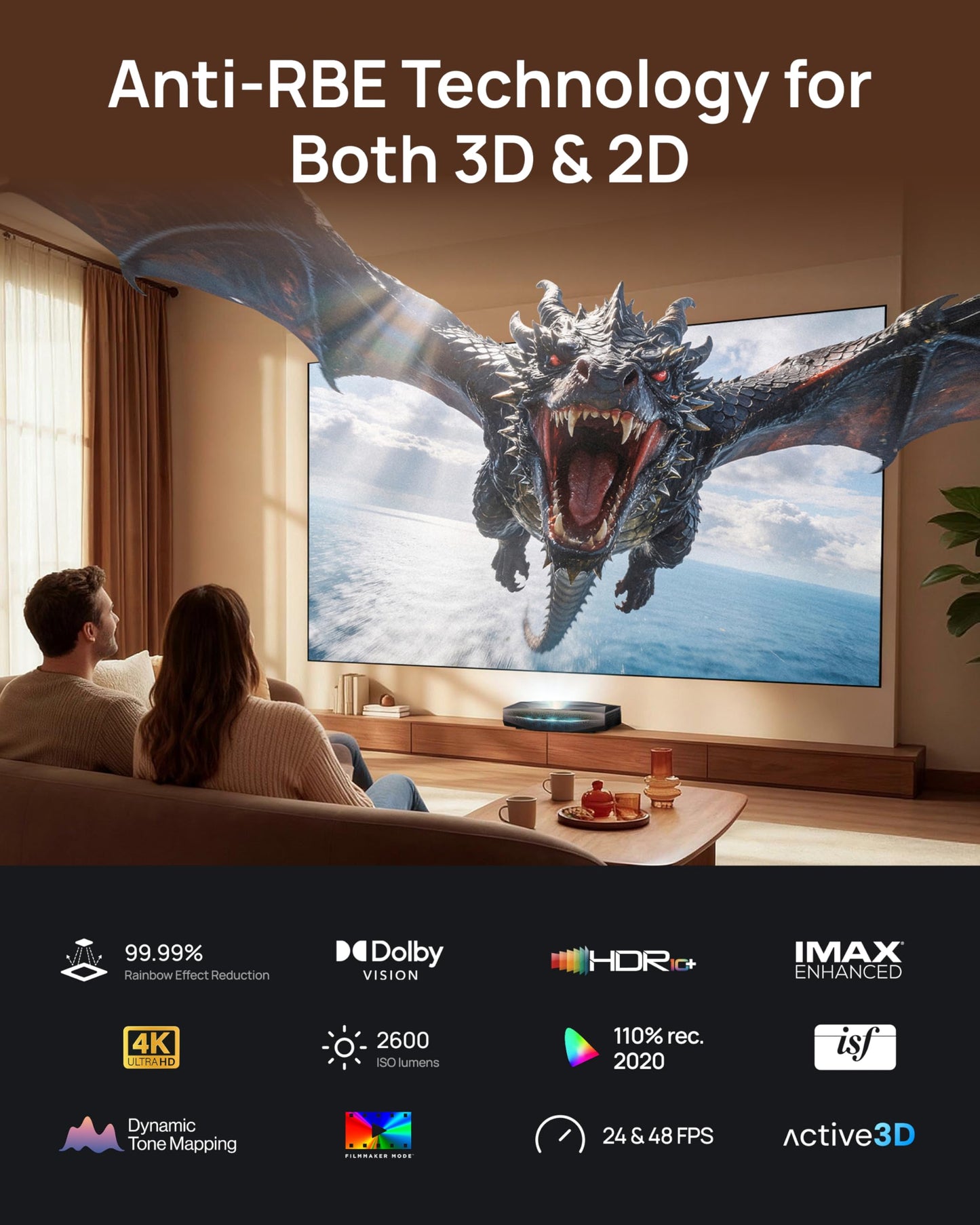 AWOL Aetherion Pro 4K Projector, 2600 ISO Lumens Short Throw Projector, Google TV, PixelLock™ Clarity, 6000:1 Native Contrast UST Projector, Anti–RBE, 4K 200" Display, Dolby Vision, Movie Projector