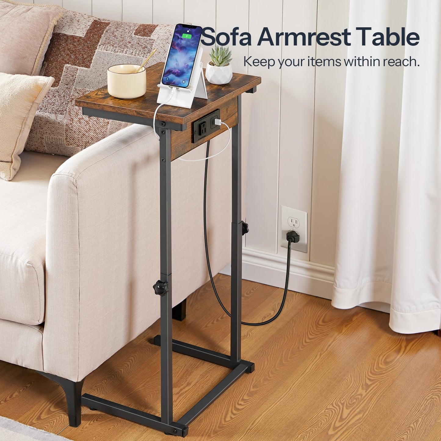 HOOBRO C-Shaped Side Table with Charging Station, Adjustable Height Sofa Arm Table, Slide Under Couch Table for Small Space in Living Room, Bedroom, Rustic Brown BF71USF01