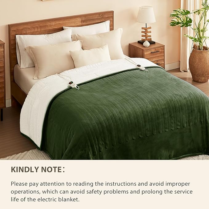 Homemate Electric Heated Blanket Twin - 62"x84" Heating Bed Blankets Throw with 10 Heating Levels 8 Hours Auto Off Fast Heating Over-Heated Protection Ultra Soft Warm Flannel ETL Certified Green
