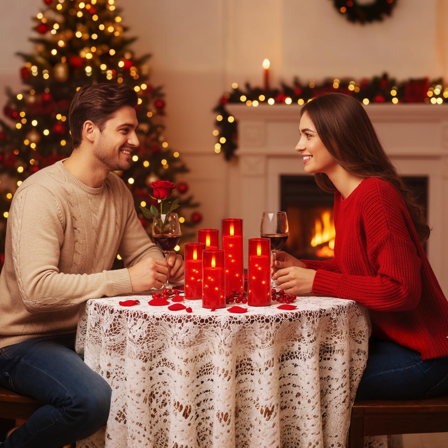 Raycare Flameless Candle with Remote Timer – 9 Flickering Acrylic Battery Operated LED Pillar Candles with Embedded Star String for Valentine's Day, Home Decor, and as a Gift (Red)