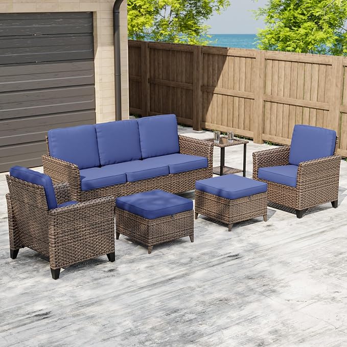 COOS BAY Harbor Retreat 6 Piece Outdoor Furniture Set, Patio Conversation Set with Patio Chairs, 3 Seat Couch, Side Table and Ottomans, Wicker Furniture, Brown/Blue