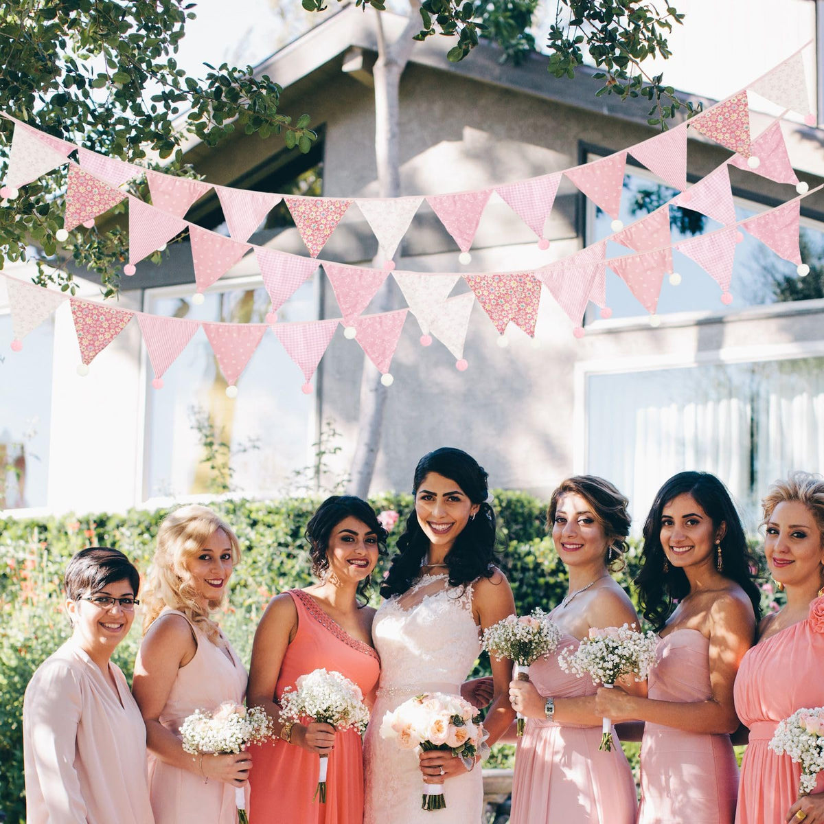 Zwiebeco 10.5Ft Pink White Pennant Banner Flags Fabric Balls Pom Poms Triangle Bunting Garland for Engagement Wedding Birthday Party Decorations Nursery Tent Home Outdoor Hanging Accessories Supplies
