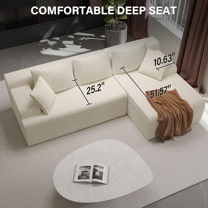 LAUSAINT HOME 96" Modular Sectional Sofa Couches, L-Shaped Boneless Cloud Sofa with 3 Deep Seat, 5 Cushiones Oversized Chaise for Living Room, Bedroom, Plush Corduroy Fabric (Right, Beige)