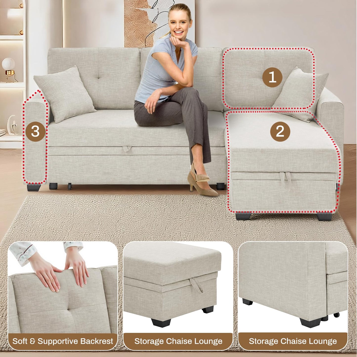 Nicbex Convertible Sofa Bed Couch with Storage Chaise,Upholstered Sleeper Sofa with Pull-Out Bed,Pull Out Couch,Sectional Couches for Living Room Beige