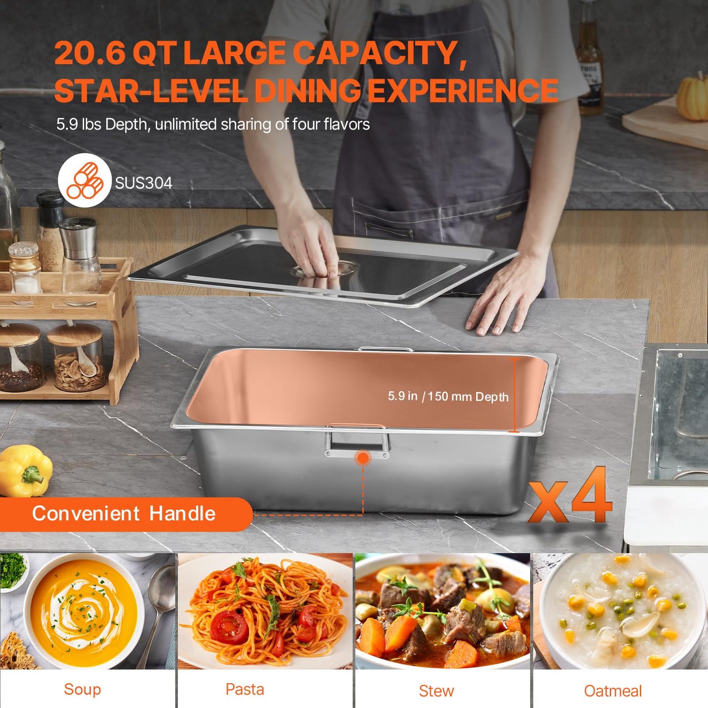VEVOR Commercial Food Warmer, 2000W Electric Steam Table with 4 x 20.6QT Pans, Versatile Food-Grade Stainless Steel Server with Countertop & Shelf, Movable Buffet Catering Warmer for Party Restaurant
