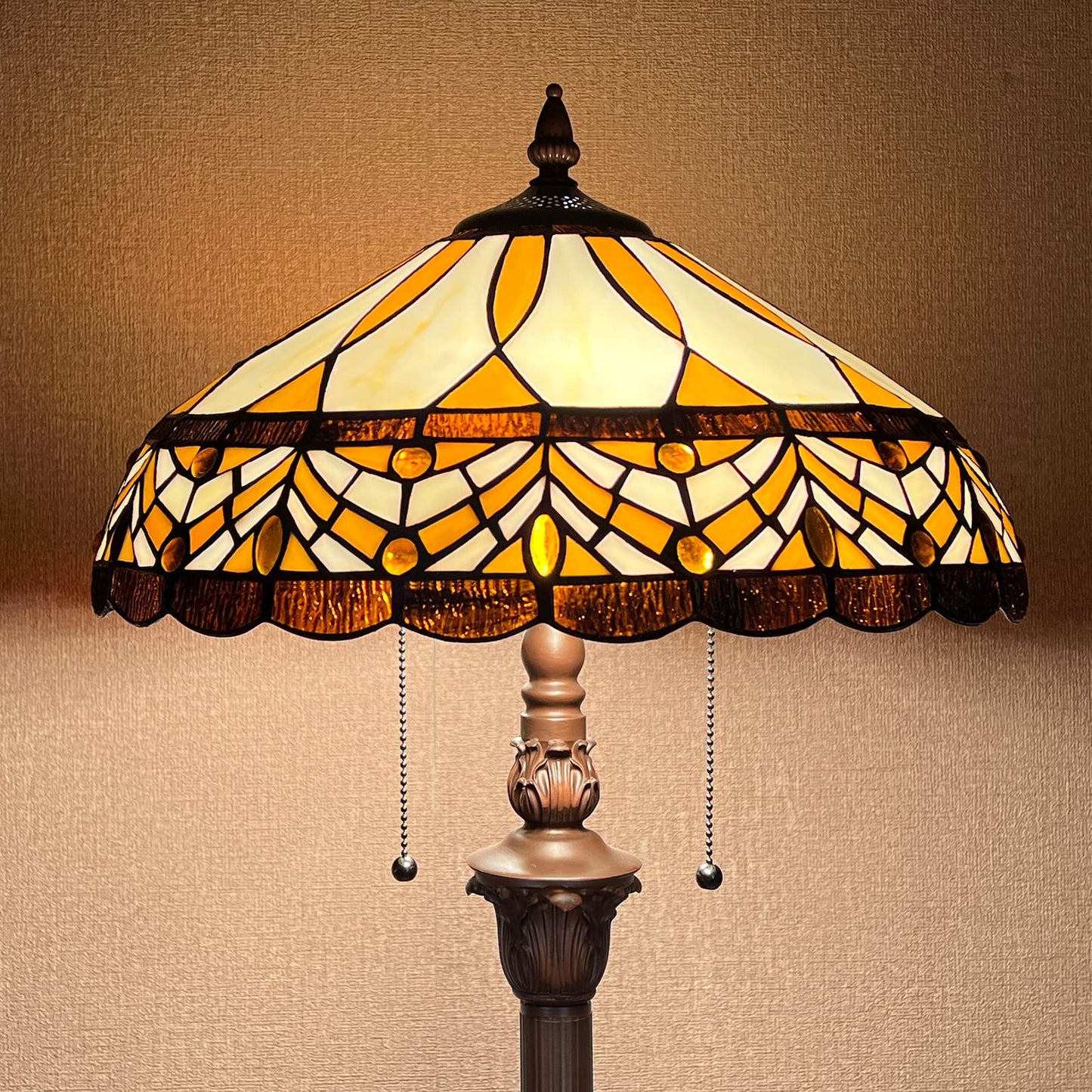 Capulina Tiffany Floor Lamp Amber Melody Antique Style Stained Glass Standing Reading Light 2-Light 16X16X66 Inches for Living Room Bedroom Home Office