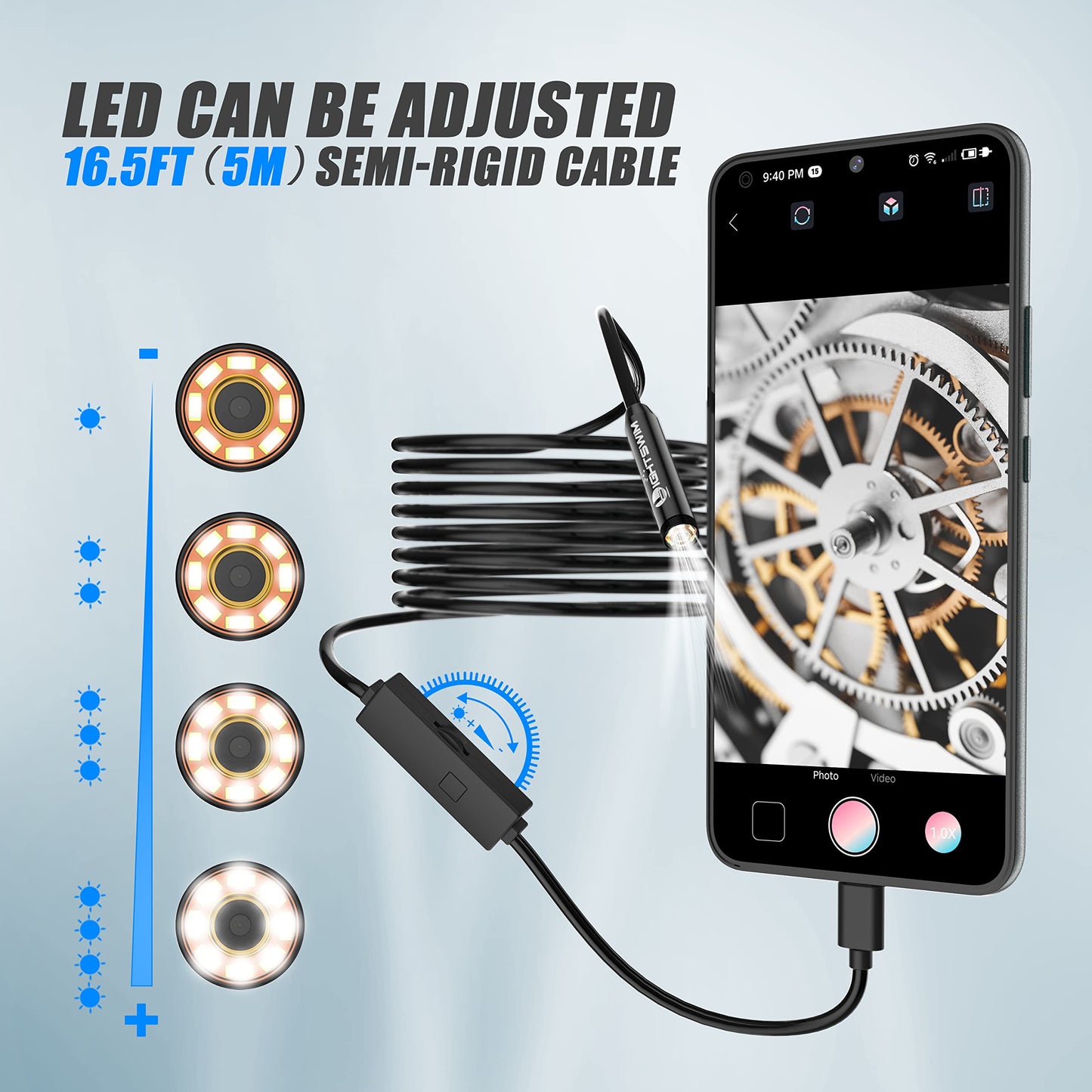 1920P Endoscope Snake Inspection Camera, Lightswim Type C Borescope, Scope Camera with 8 LED Lights for Android and iOS Smartphone, iPhone, iPad, Samsung (16.5 FT/5M)