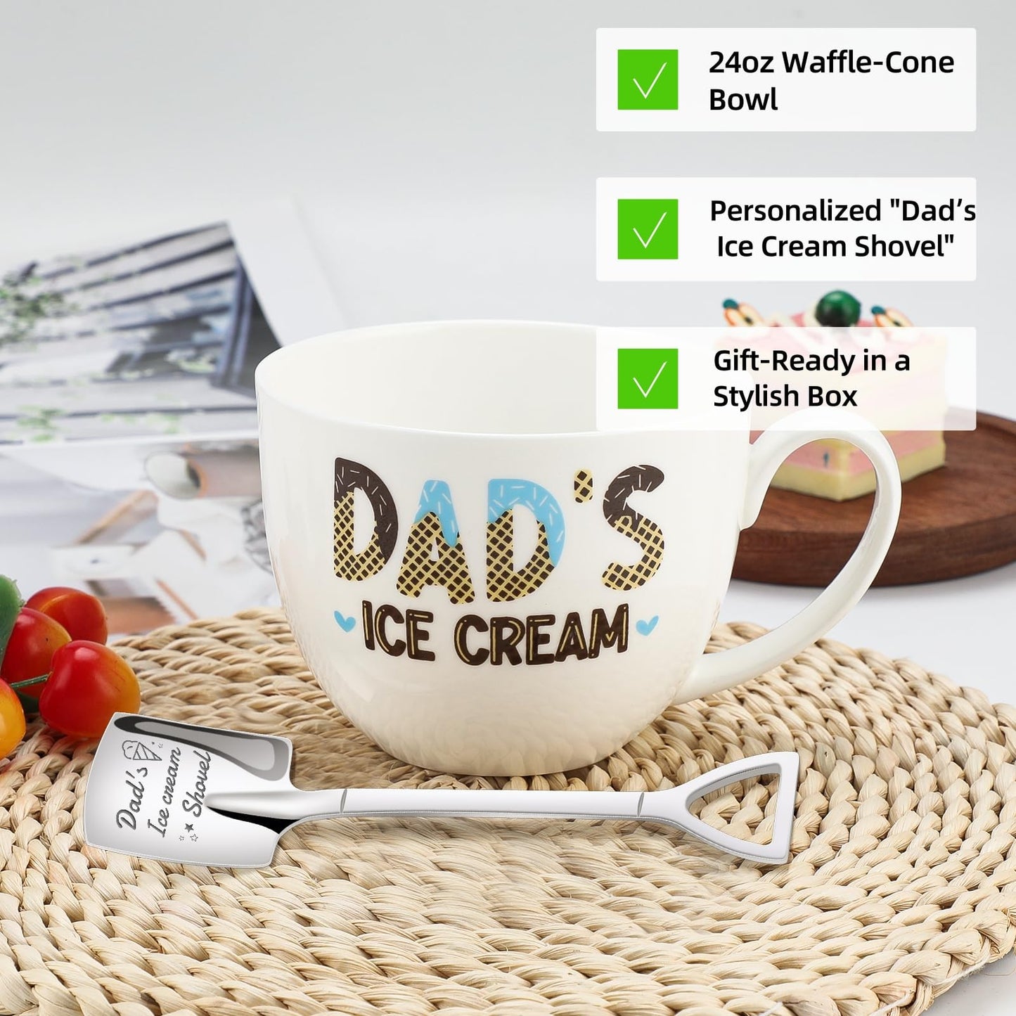 Hithespo Gifts for Dad from Daughter Son Wife, Dad’s Ice Cream Bowl Engraved Shovel Set, Dad Birthday Gifts, Personalized Gift for Dads Anniversary Fathers Day, Gift for Step/New/Bonus Dads Papa, 24oz