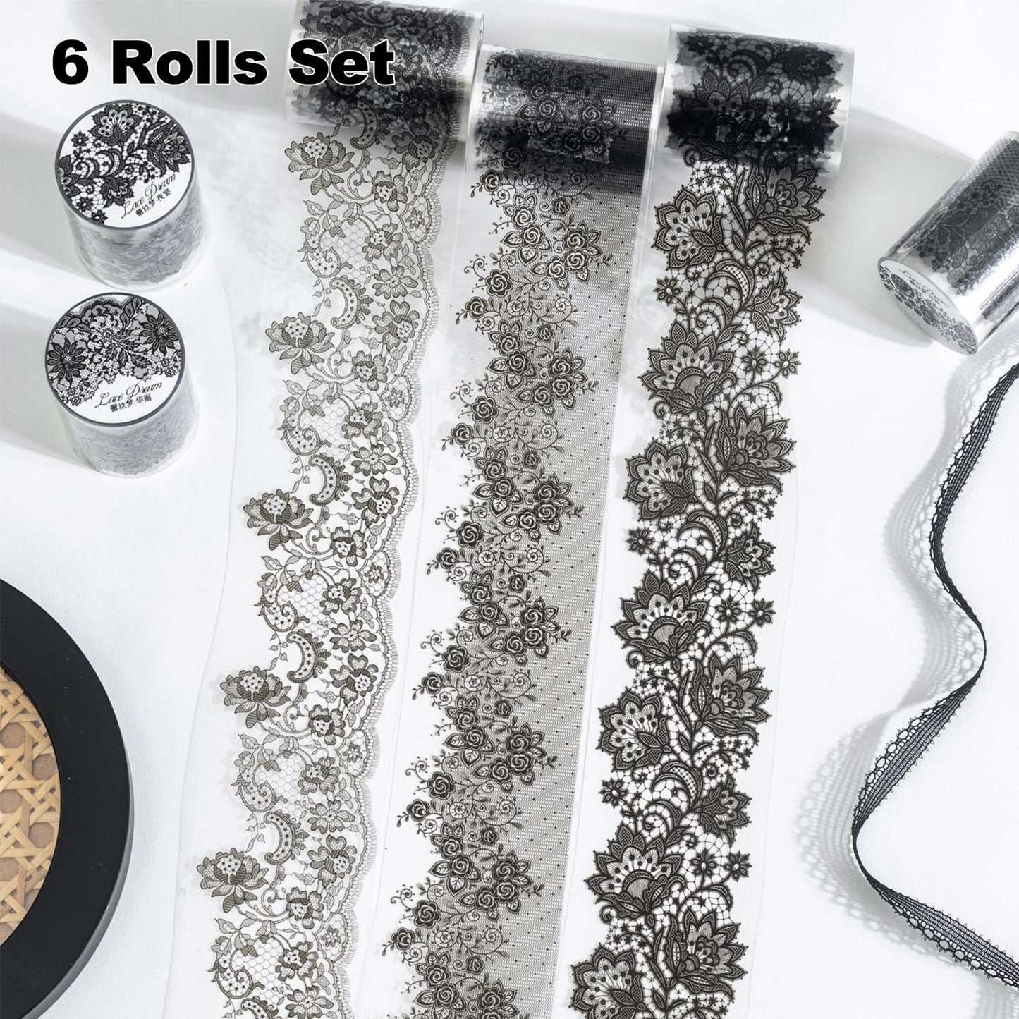 Lace Dream PET Tape Set, 6 Rolls of Elegant Floral Stickers for Scrapbooking, Journaling, DIY Crafts, and Art Supplies