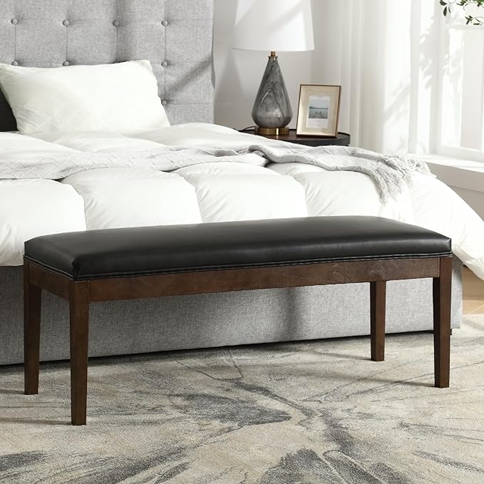DM Furniture PU Leather Dining Bench Upholstered Entryway Bench Farmhouse Shoe Bench Seat Ottoman for Hallway Living Room Bedroom End of Bed Dining Room Kitchen, 45.5" Long, Black