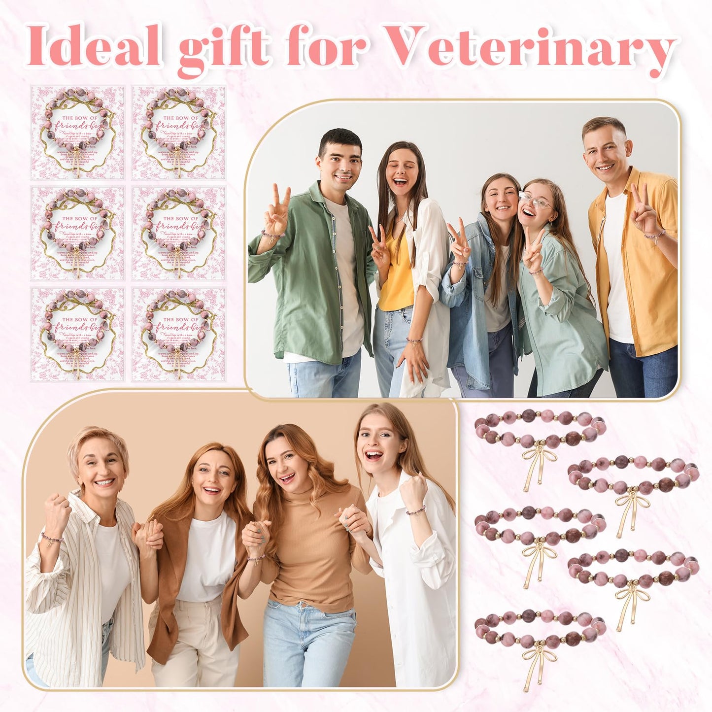 Huquary 12 Set Thanksgiving Friendship Gifts Good Friend Bow Pink Bracelets with Gift Cards Christmas Birthday Jewelry for Women Good Friend Coworker