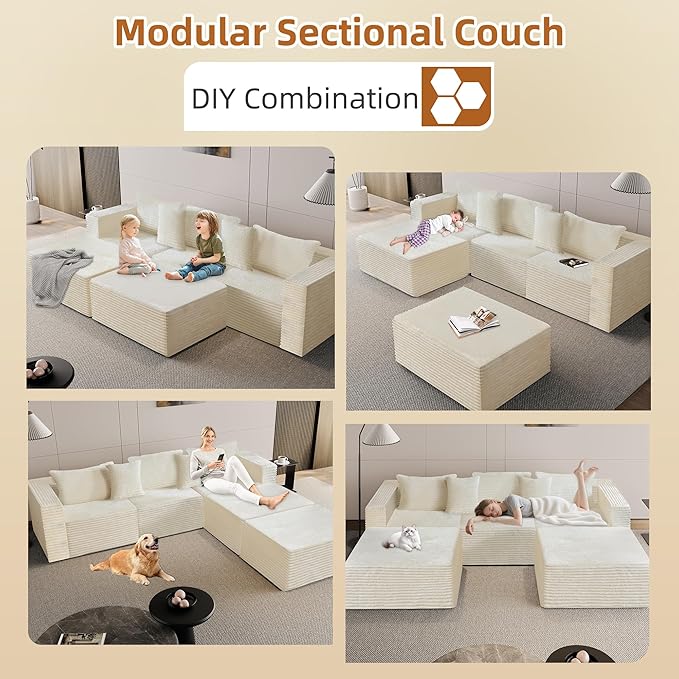 110 Modular Sectional Boneless Sofa with 2 Ottomans, Corduroy U-Shaped Modular Sectional Sofa, Convertible Cloud Couch with Deep Seats, No Assembly Required (White, 110" 3Seat+2 0ttoman)