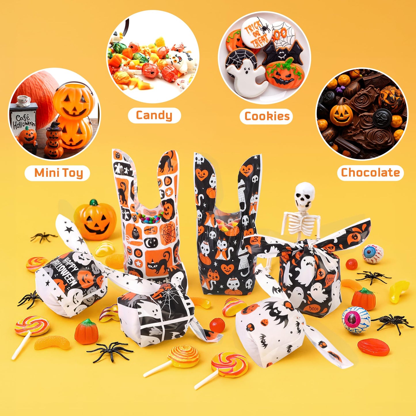 YIHCE Halloween Candy Bags 180 PCS, Cute Rabbit Ear Halloween Treat Bag Bulk, 6 Styles Small Plastic Goodie Bags for Trick or Treat, Pumpkin & Ghost Elements, Party Favor for Party Supplies