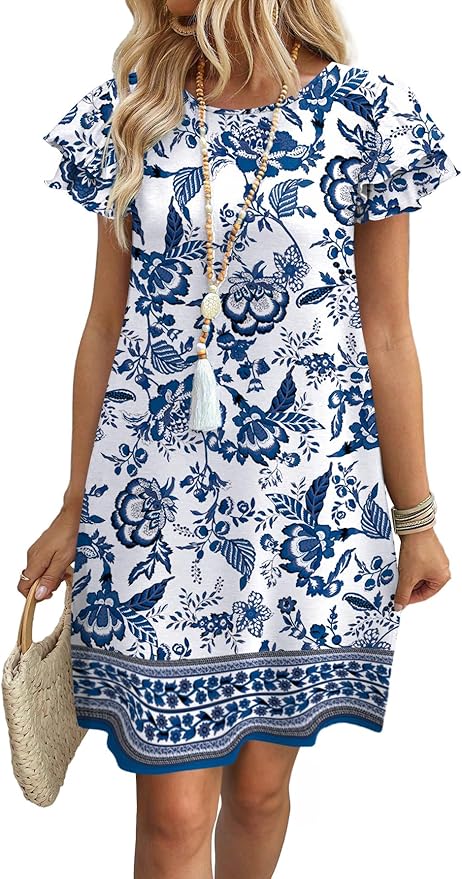 OFEEFAN Womens Summer Dresses 2026 Ruffle Sleeve Round Neck Loose Swing Sundresses with Pockets Plain/Print
