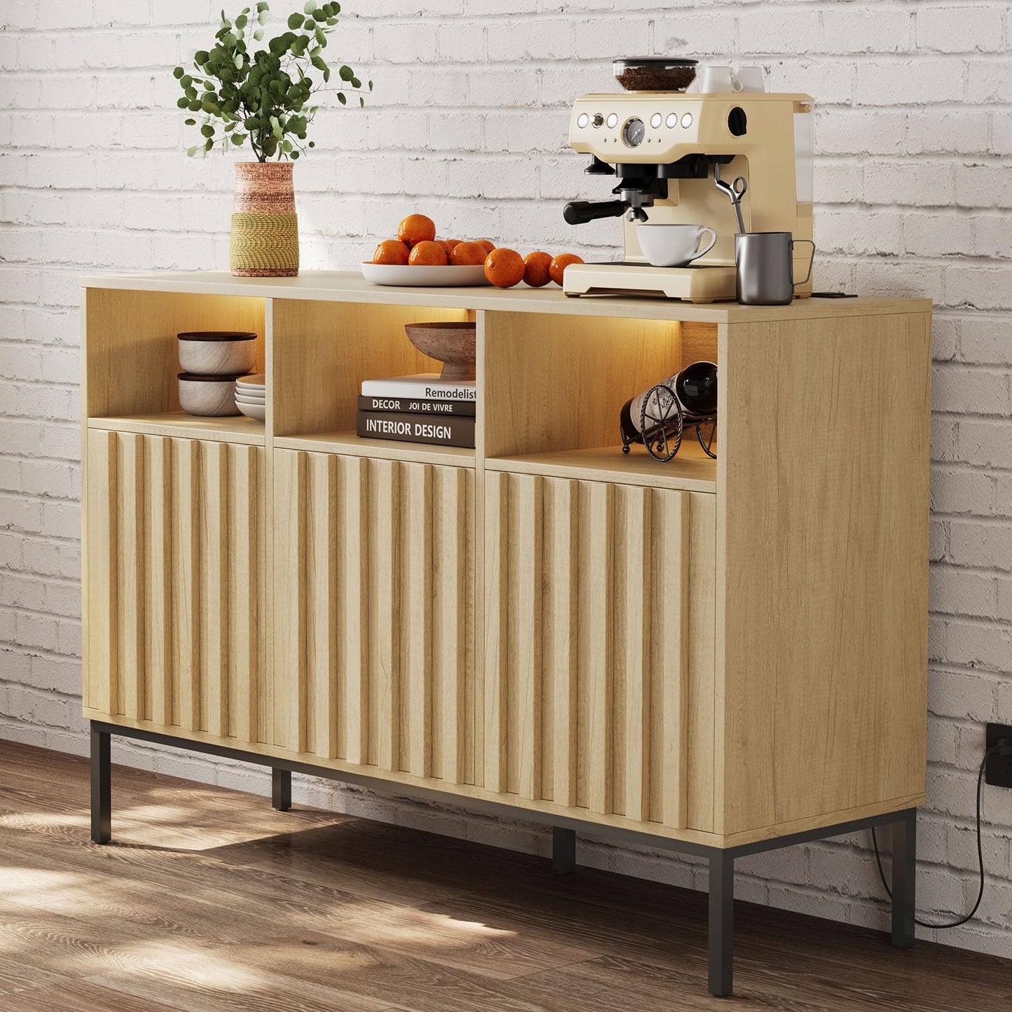 Svimi Oak Multifunctional Storage Cabinet with Charging Station, LED Light, 15"D x 47.2"W x 31.4"H, Beige, Ideal for Kitchen, Entryway, Office
