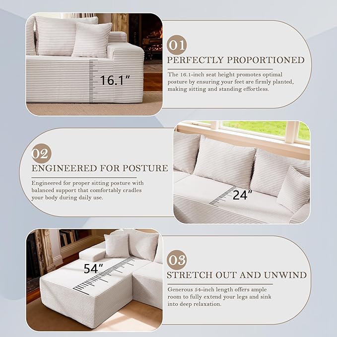 105’’ L-Shape Modular Sectional Sofa with Chaise, Convertible Cloud Couch, Corduroy Fabric & High-Density Memory Foam, No Assembly Required for Living Room (Beige, Left Facing Chaise)