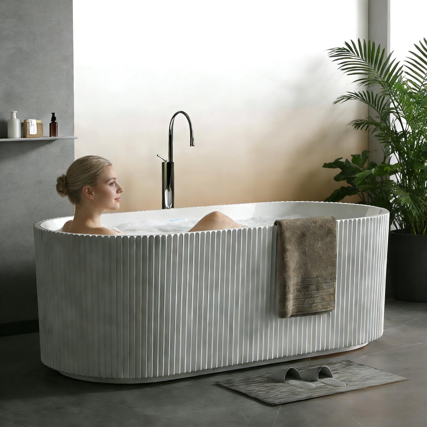 67'' Freestanding Bathtub, Deep Acrylic Soaking Tub with Non-Slip Base, cUPC Certified Modern Free Standing Tub, Chrome Drain, White Bath Tub for Bathroom Remodel and Spa-Like Comfort