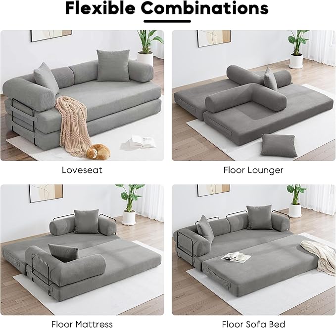 ZEIINPA Convertible Sleeper Sofa Bed with Cylindrical Pillow, Corduroy Folding Mattress Couch with Fixed-Shape Frame, Floor Sofa Lounge Couch for Living Room Bedroom Lounge Studio-Grey