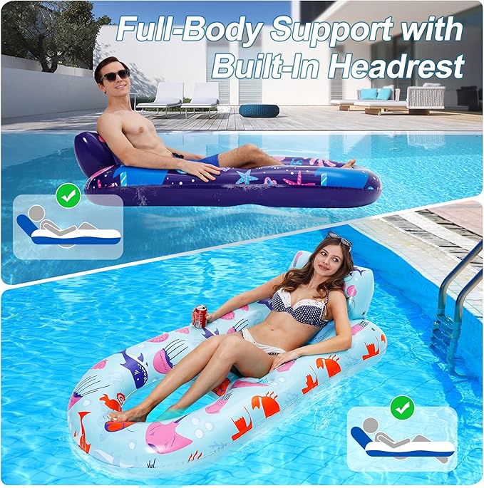 PuppyuWill 4 Pack Pool Floats Adult,Inflatable Pool Lounger Float Heavy Duty with Cup Holder, Backrest & Footrest Pool Lounge Float Extra Large Pool Rafts for Adults Beach Lake Party
