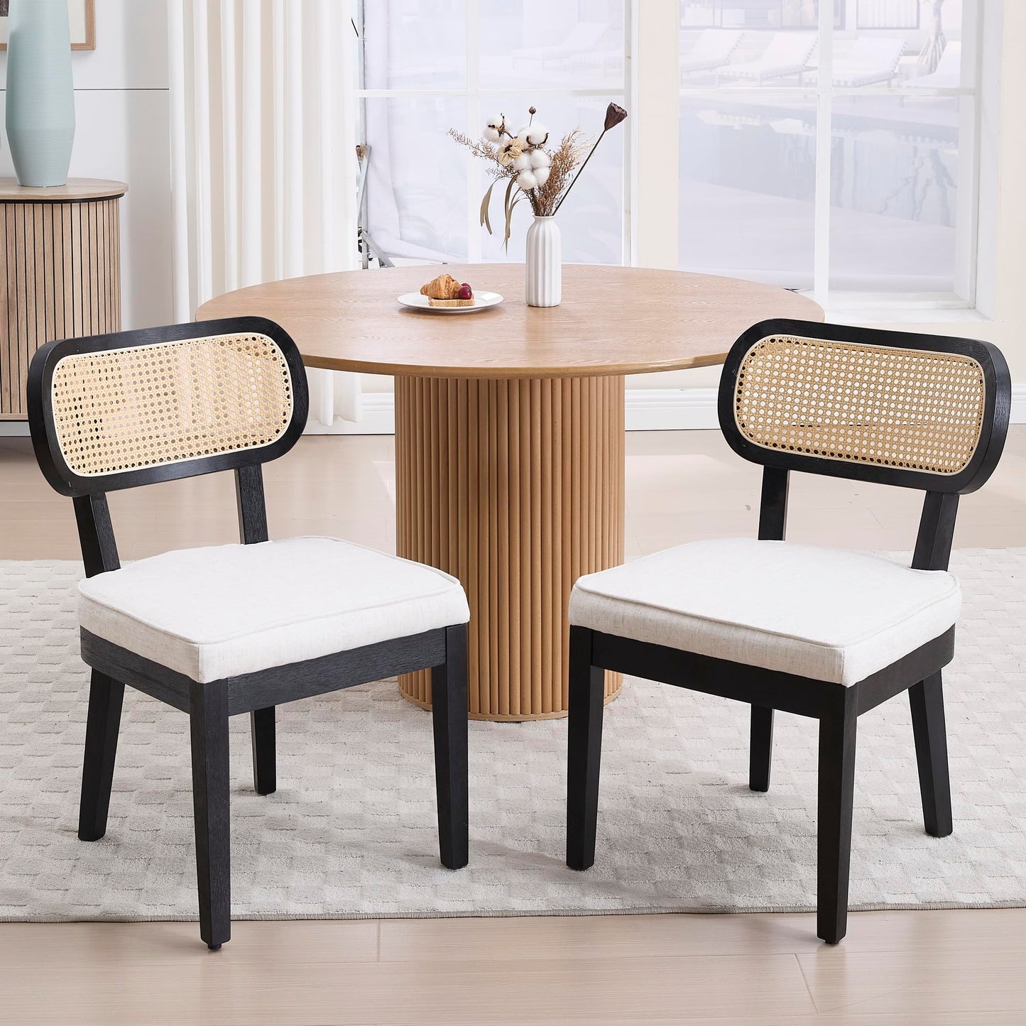 BESTANO Rattan Dining Chairs Set of 4 Beige Linen Rustic Modern Dining Room Chairs with Cane Backrests