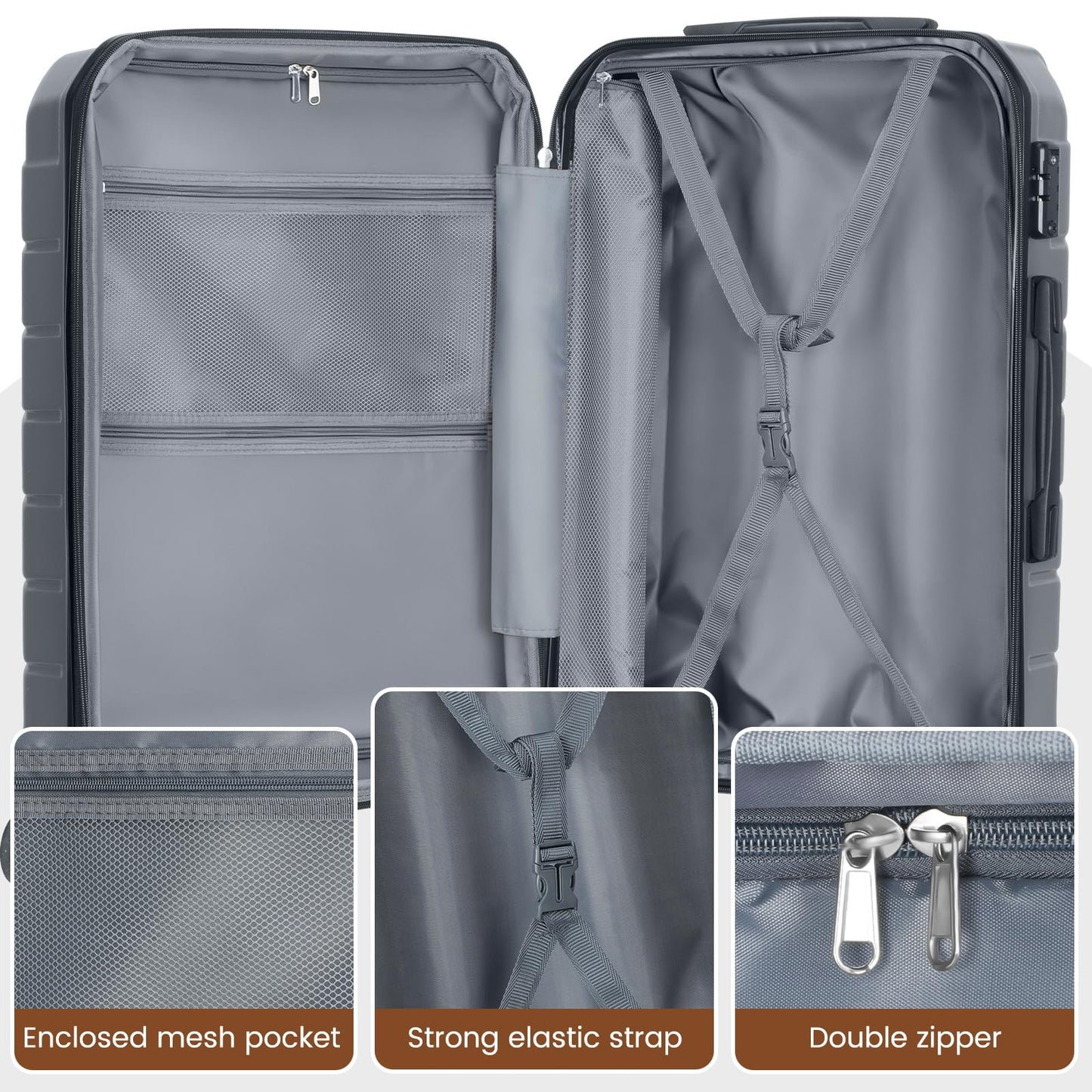 ExoRoute Luggage Sets 3 Piece, Hardside Carry On Suitcase with Spinner Wheels, Lightweight Durable Luggage for Travel | TSA Lock, Expandable Suitcase Set for Men and Women（20/26in） (Grey)