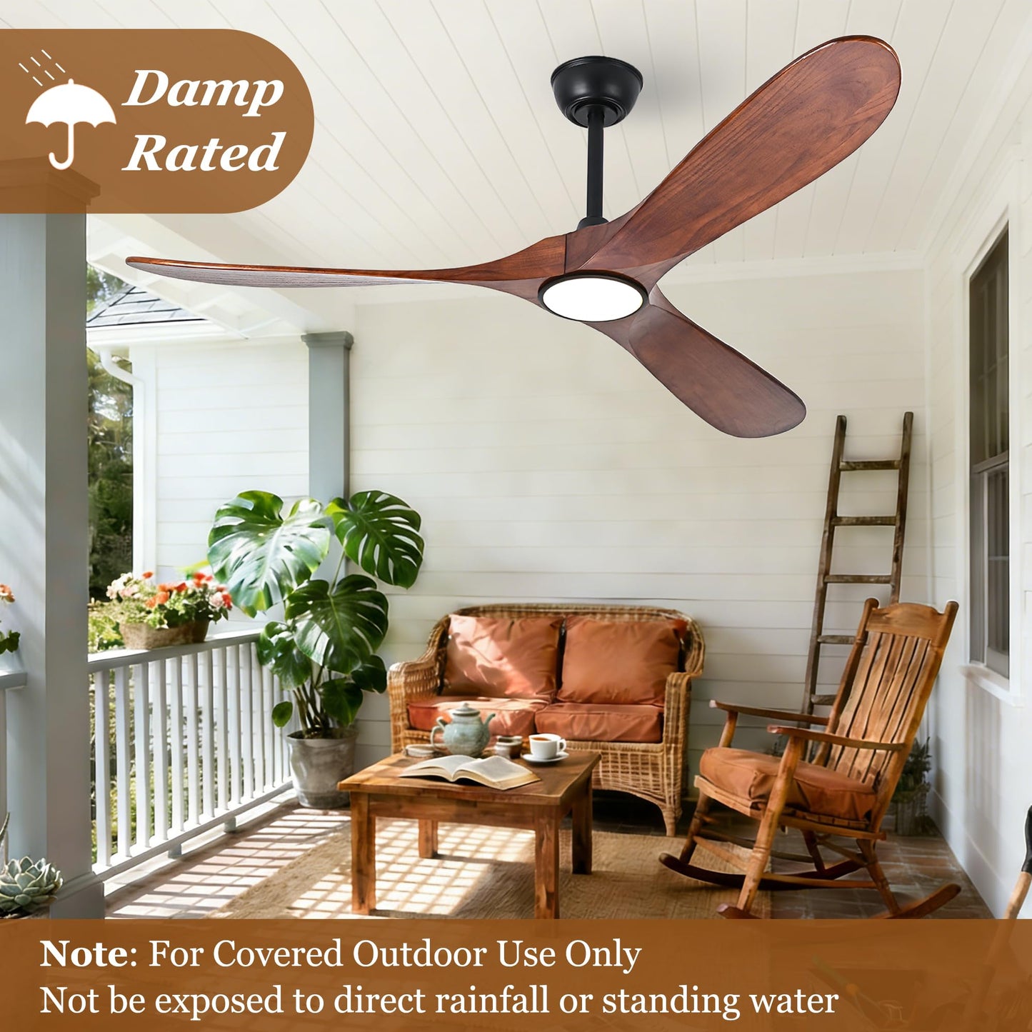 Zronon 52 Inch Ceiling Fans with Lights and Remote, Modern Wood Outdoor Ceiling Fan with Light, 3 Blade Propeller Indoor Ceiling Fan for Farmhouse Patios Living Room Bedroom Gazebo (Walnut)