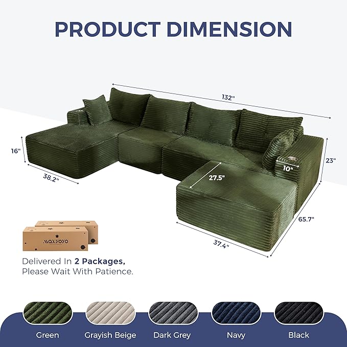 MAXYOYO 132" Giant U-Shaped Modular Sectional Couch, Modern Boneless Couch for Living Room, Sofa in A Box, Oversized Sofa Sleeper with Deep Seat, No Assembly Required, Green